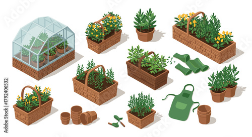 Isometric garden elements with greenhouse and planters for urban gardening