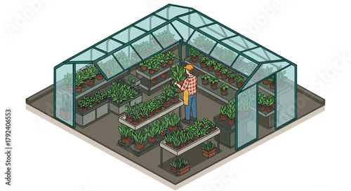 Isometric greenhouse with worker tending to plants in modern design