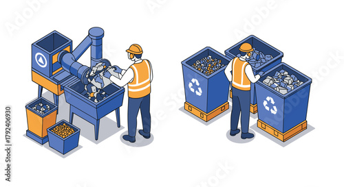 Industrial waste processing and recycling worker in isometric design