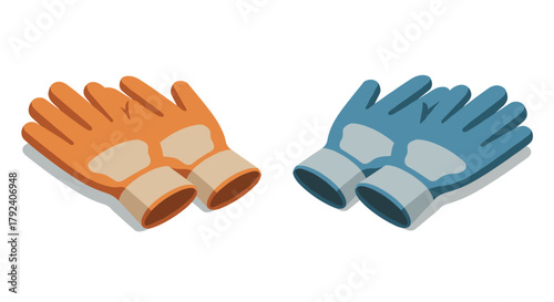 Isometric safety work gloves in orange and blue for construction and industrial use