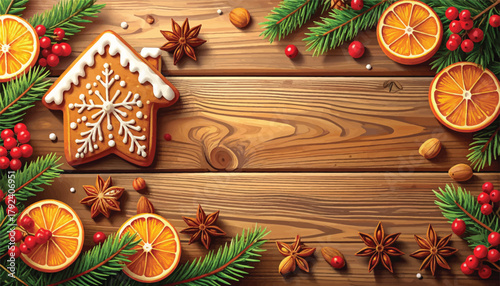 Festive gingerbread house with dried oranges and spices for Christmas. Gingerbread house surrounded by dried oranges and aromatic spices. Christmas gingerbread house with cinnamon and dried orange sli