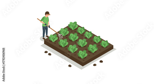Isometric gardening scene with farmer tending to lush green crops