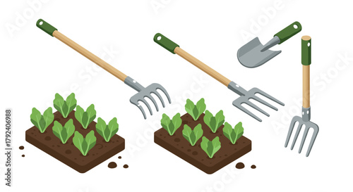 Isometric gardening tools and vegetable plots with lush greenery for agriculture design