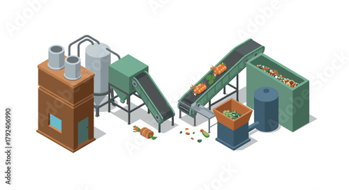 Isometric recycling plant conveyor system with waste sorting machines and equipment