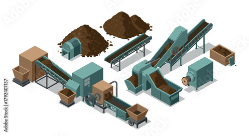 Isometric industrial conveyor system with soil processing machinery