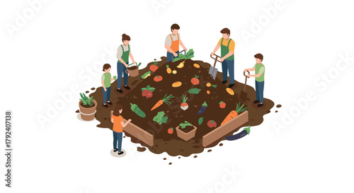 Urban community gardening isometric scene with people planting vegetables