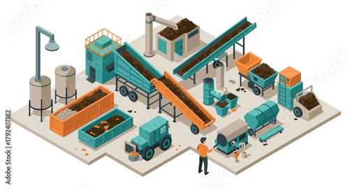 Isometric industrial composting facility with equipment and workers on white background