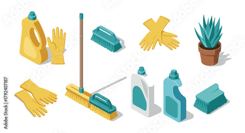 Cleaning supplies set with detergents, brushes, gloves, and a potted plant on white background