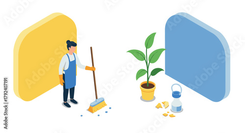 Isometric indoor cleaning scene with person, plant, and tools on colorful background