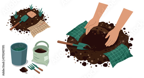 Gardening essentials preparing soil with tools and hands for planting