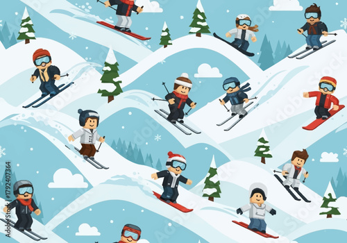 Diverse group of cartoon skiers enjoying a snowy mountain slope.