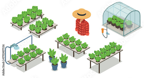 Isometric urban farming set with greenhouse and hydroponic systems