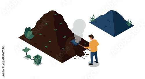Isometric composting scene with man shoveling organic materials and plant growth