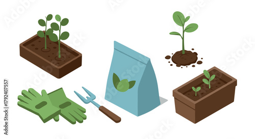 Isometric gardening essentials seedlings, tools, and soil planting inspiration