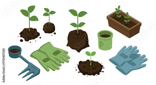 Flat garden tools and seedlings for home gardening