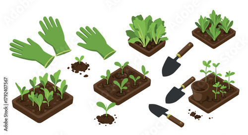 Growing vegetables with gardening tools isometric guide to urban farming startup