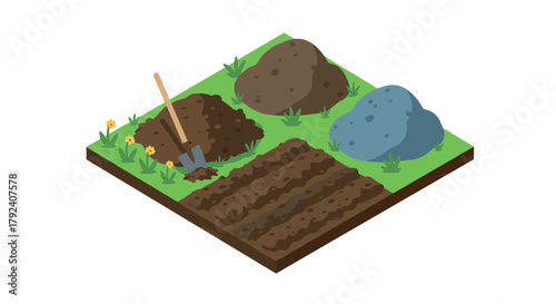 Isometric garden plot with soil mounds and shovel for farming concepts
