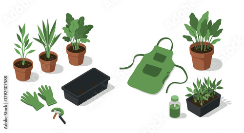 Isometric gardening essentials tools and plants for modern home growers