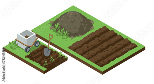 Isometric garden with soil pile, raised beds, and garden cart