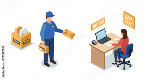 Isometric office delivery scene with mail carrier and office worker