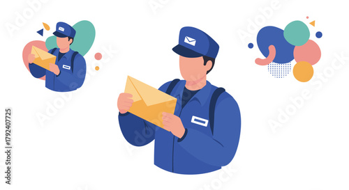 Mail carrier in uniform delivering a letter with modern geometric background