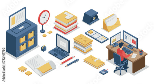Isometric office workspace with desk accessories and computers for modern business concepts