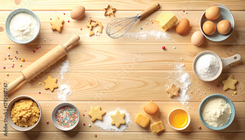 Baking cookies: flour, eggs, and sweet decorations for fun. Baking ingredients and star-shaped cookies for holiday treats. Sweet baking setup with cookie dough and sprinkles for fun