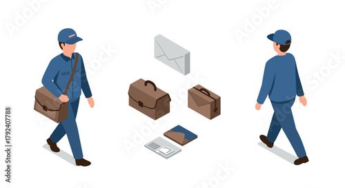 Isometric mail service workers and items in uniform