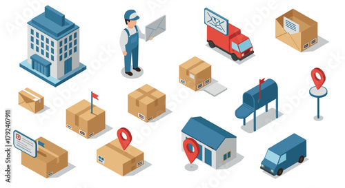 Isometric postal delivery icons logistics, transport, and parcel services