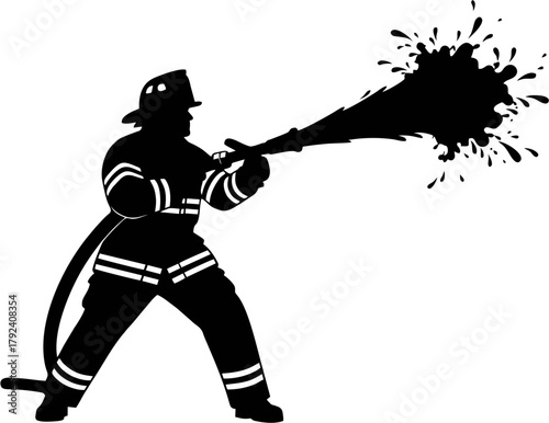 Dynamic silhouette illustration of a brave firefighter in action, skillfully directing a powerful hose spray to extinguish a blaze, symbolizing emergency response and heroism