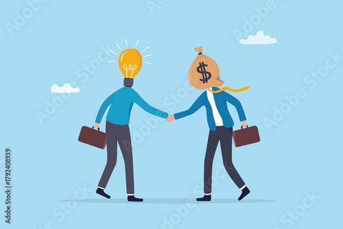 Selling idea for venture capital, sale pitch funding, money support investment or partnership, sponsorship subsidy for opportunity, businessman handshake with selling idea and money bag funding.
