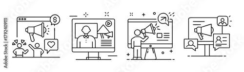 Digital marketing, social media, online promotion, advertising icons