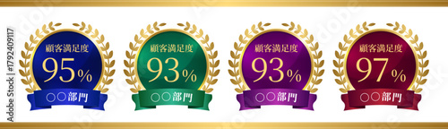 群青・深緑・葡萄・臙脂のメダルと月桂樹のアイコンフレーム 4種セット 部門別満足度率バッジセット ゴールドの装飾付きデザイン