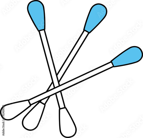 Cotton swabs crisscross arrangement with blue and white tips, hygiene medical tool illustration, clean vector drawing for personal care concept design