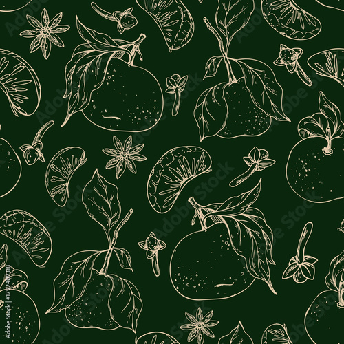 A hand-drawn line art seamless pattern with tangerines, cloves, and star anise. This minimalist graphic illustration is perfect for Christmas packaging, mulled wine labels, and festive textile design.