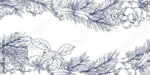 A seamless horizontal Christmas border pattern with pine branches and cones, spices, tangerines, cotton, and berries. A graphic line illustration, hand-drawn in ink. Border ornament for holiday decor.