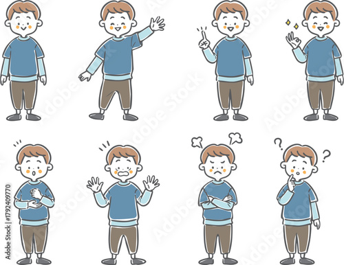 いろんな表情の男の子イラストセット　全身　ベクター
