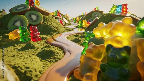 Gummy bears traversing a vibrant, imaginative landscape featuring rolling hills of green powder, sliced kiwis serving as landmasses, and a glistening river of honey flowing through the candy world