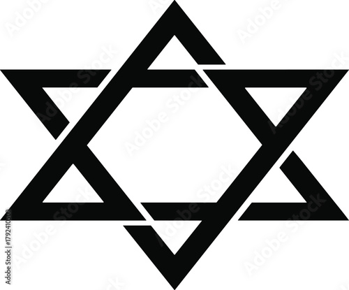 Geometric star of David symbol, interlocking equilateral triangles, bold black hexagram design, Jewish heritage, cultural identity, vector illustration