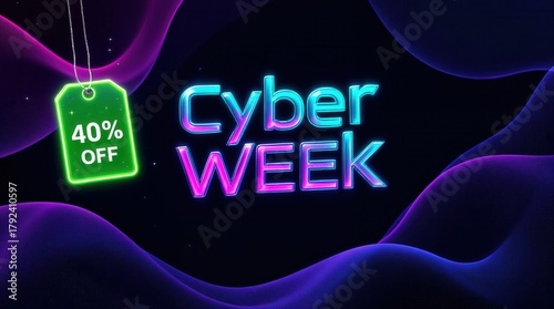 Glowing neon Cyber Week text with a 40% off price tag. Abstract futuristic banner for online sales and e-commerce promotions