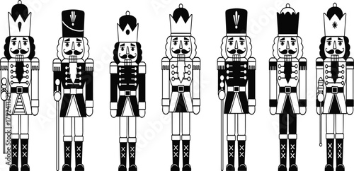 Nutcracker soldier vector illustration, black and white Christmas decoration, festive holiday toy, traditional wooden figurine artwork, vintage silhouette design, seasonal ornament