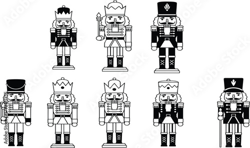 Nutcracker soldier vector illustration, black and white Christmas decoration, traditional holiday toy, festive silhouette design, vintage wooden figurine artwork, seasonal