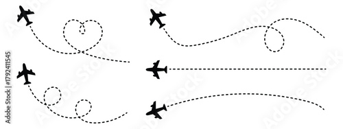 Airplane route with dotted flight path icon vector. Flying plane symbol. vector illustration.