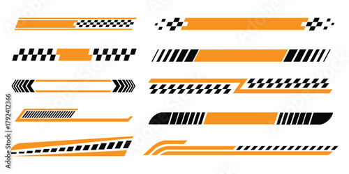 Racing cars and race car stripes icon set vector. checkered flag, finish line, motocross labels, dynamic lines, motorsport, racing stripe speed, sport decals symbol. vector illustration.