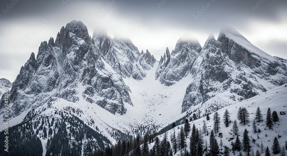 Obraz premium Snowy mountain peaks under cloudy sky