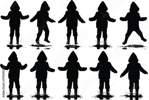 Flat vector, child jumping puddle, silhouette motion, playful kid splash, rainy day fun, dynamic pose, hooded jacket illustration