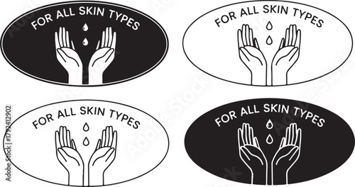 Four Oval Labels: Hands Catching Drops, "For All Skin Types" Text