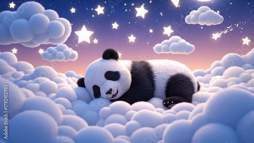 Dreamy Panda Resting on White Clouds Under Starry Night Sky With Gradient Background and Soft Lighting in Nighttime Illustration