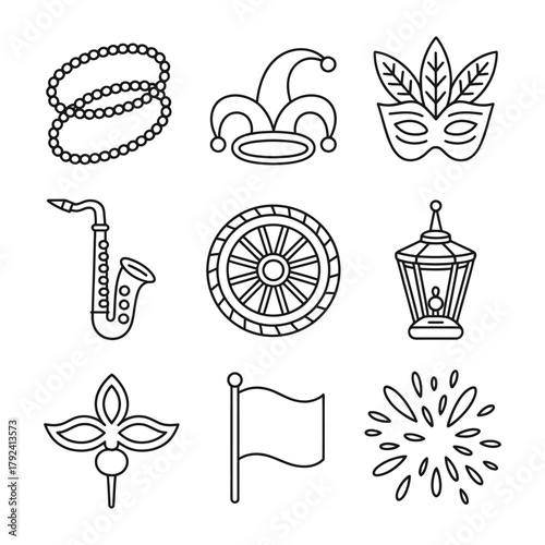 Mardi Gras icons set with beads, mask, saxophone, and lantern carnival festival