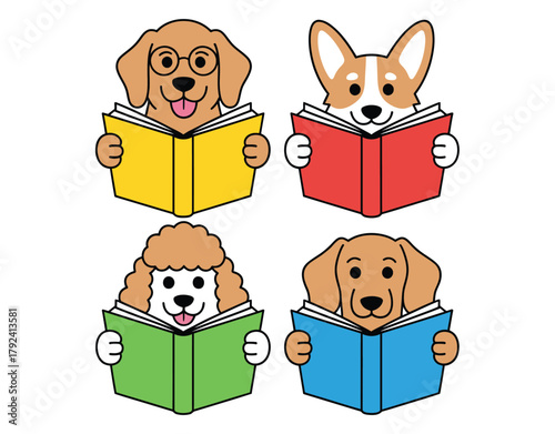 Four cartoon dogs of different breeds happily read books in a fun and educational illustration.